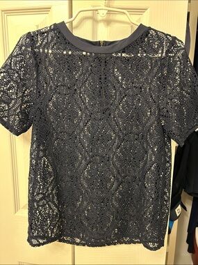 Women's Navy Crochet Short-Sleeve Top